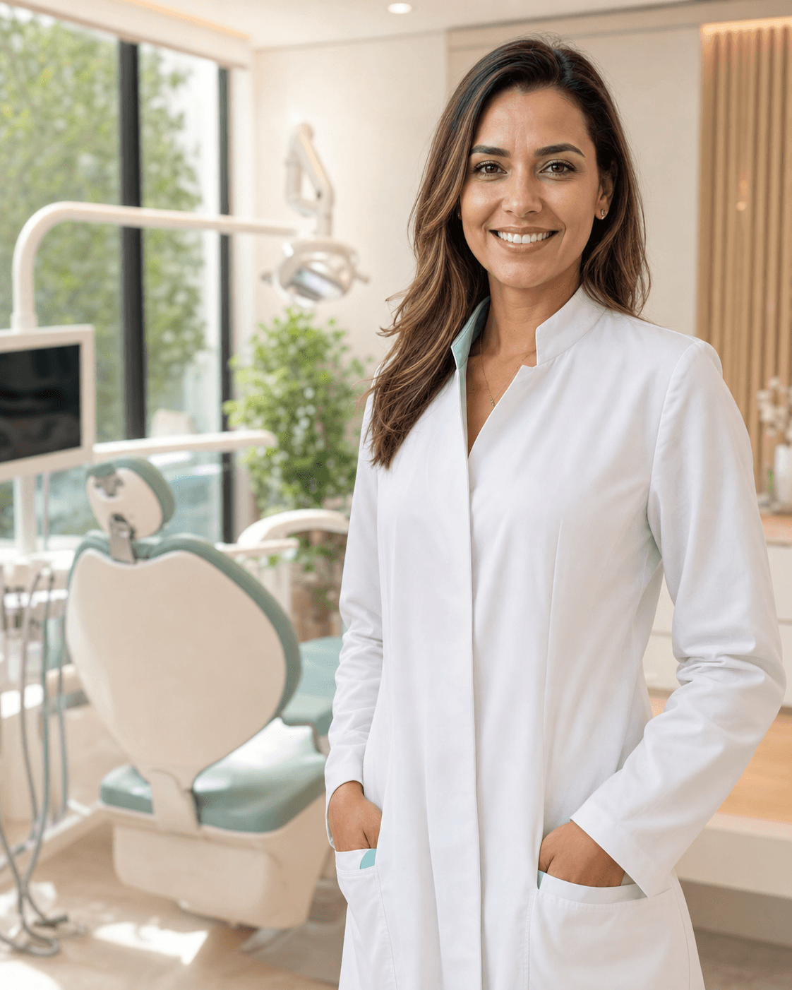 Dentista em consultório odontológico moderno e acolhedor